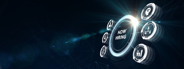 Business, Technology, Internet and network concept. NOW HIRING inscription, modern technology business concept. 3d illustration