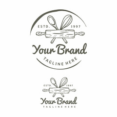 Classic Bakery Logo Design, Hand drawn whisk, rolling pin and spoon Icon design