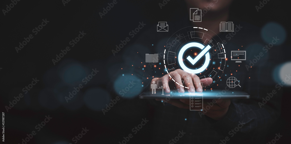 Poster businessman using laptop with correct sign mark and document icon for online approve paperless and q