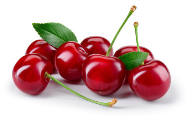 Cherry. Cherry with leaves on white background. Cherries with clipping path. Cherri full depth of field..