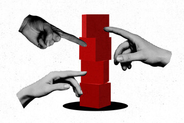 Creative collage illustration of three human hands black white colors fingers touch pile stack block tower isolated on drawing background