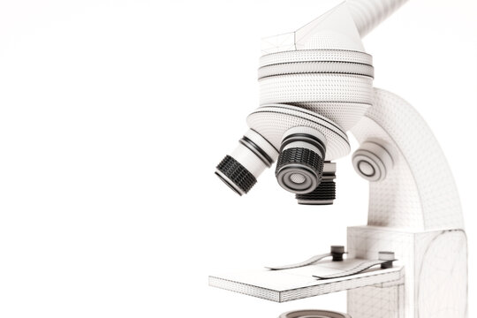 Realistic 3d microscope on white background, laboratory equipment. Microscope for laboratory research