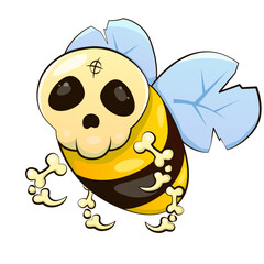 A zombie bee with a skull head and bone paws. Flat vector illustration isolated on white background