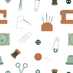 Seamless pattern with elements of equipment for crafts, needlework, sewing. Flat style. Vector