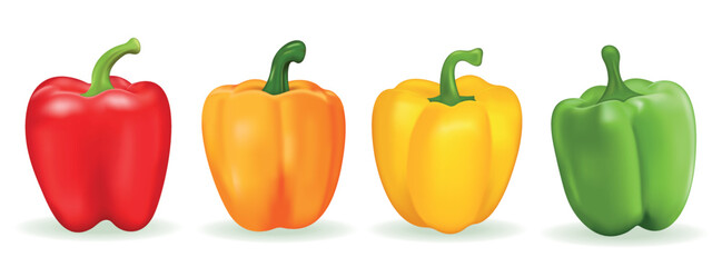 Vector Set of Colored Yellow, Green, Orange and Red Sweet Bulgarian Bell Peppers, Paprika Isolated on White. Realistic 3D