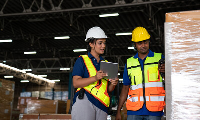 Portrait of warehouse employee worker with digital tablet talking on warehouse, Logistic industry...