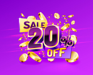 20 Off. Discount creative composition. 3d sale symbol with decorative objects, golden confetti, podium and gift box. Sale banner and poster.