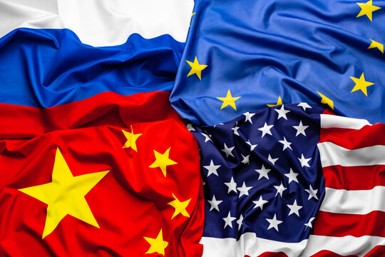 China, USA, EU and Russia national flags