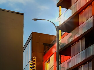 urban City sunny street modern buildings and street lamp urban architecture, design.weather background 