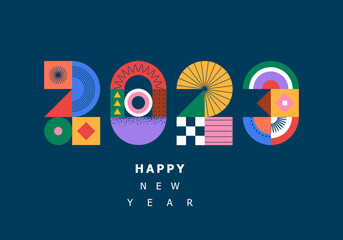 Happy new year 2023 vector illustration. Colorful design, trendy style, 2023 calendar - obrazy, fototapety, plakaty