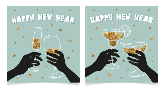 Happy new year cute greeting cards, set of line art illustrations vector design. Invitation for party. Hands holding wine, champagne and cocktail glasses. Cheers 
