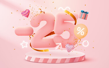 25 percent Off. Discount creative composition. 3d sale symbol with decorative objects, balloons, golden confetti, podium and gift box. Sale banner and poster.