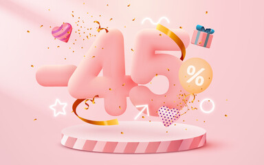 45 percent Off. Discount creative composition. 3d sale symbol with decorative objects, balloons, golden confetti, podium and gift box. Sale banner and poster.