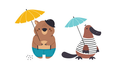 Wombat in Hat and Platypus in Striped Vest with Umbrella as Australian Animal Vector Set