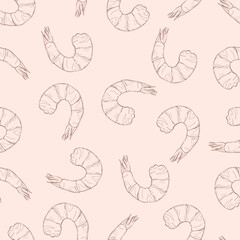 Seamless vector pattern of line hand drawn shrimps. Design for seafood products packaging
