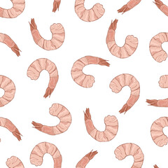 Seamless vector pattern of colorful hand drawn shrimps on white background. Design for seafood products packaging