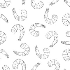 Seamless vector pattern of black line hand drawn shrimps on white background. Design for seafood products packaging