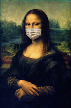 Mona Lisa covid illustration - Illustration of mona lisa wearing covid-19 medical mask - Ironic image for covid pandemic in the world - Protect against virus - Covid vaccine - Joke, irony, fun