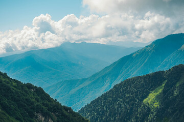 Fototapeta premium Mountain peaks in thick clouds. Krasnaya Polyana, Sochi, Russia.