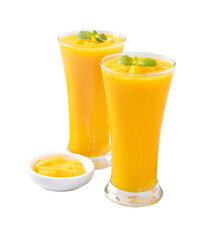 Fresh beautiful delicious mango juice smoothie in glass cup isolated on white background.