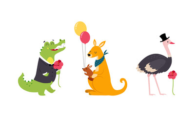 Crocodile in Jacket, Kangaroo with Baby in Pouch and Ostrich in Hat as Australian Animal Vector Set