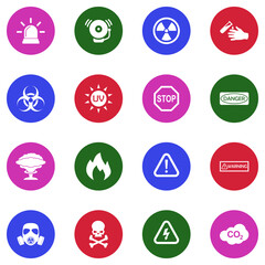 Alerts and Warning Icons. White Flat Design In Circle. Vector Illustration.