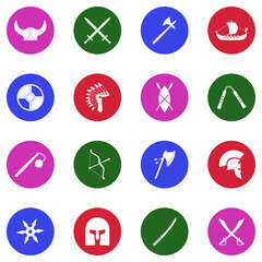 Ancient Warrior Icons. White Flat Design In Circle. Vector Illustration.