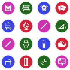 Back To School Icons. White Flat Design In Circle. Vector Illustration.