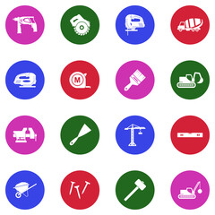 Construction Equipment Icons. White Flat Design In Circle. Vector Illustration.