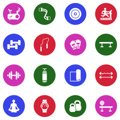 Home Gym Icons. White Flat Design In Circle. Vector Illustration.