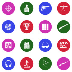 Shooting Icons. White Flat Design In Circle. Vector Illustration.