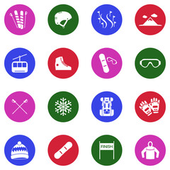 Snowboarding And Ski Icons. White Flat Design In Circle. Vector Illustration.