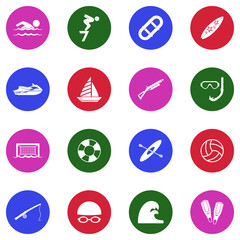 Water Sports Icons. White Flat Design In Circle. Vector Illustration.