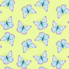 Fototapeta na wymiar Meadow blue butterflies watercolor illustration seamless pattern on green.