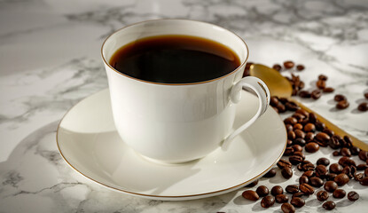 Black coffee in a cup on a marble table on a beautiful sunny day