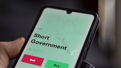 An investor's analyzing the short government etf fund on a screen. A phone shows the prices of short-term.