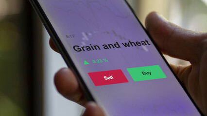 An investor's analyzing the grain and wheat etf fund on a screen. A phone shows the prices of agriculture ETF.