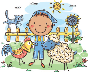 Cartoon little boy at countryside with farm animals. Farm scene with child cartoon character and farm animals: rooster and sheep