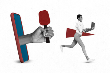 Photo artwork minimal picture of funny funky lady running away journalists questions isolated...
