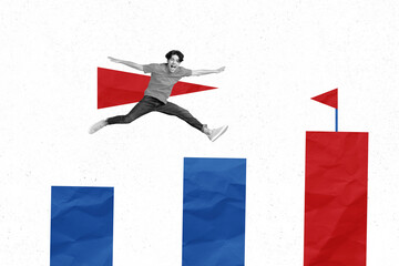 Poster collage of young man run to flag wear casual cloth isolated on drawing white color background
