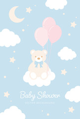vector background with a teddy bear with balloons in the sky for banners, baby shower cards, flyers, social media wallpapers, etc.