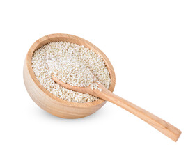 White sesame seeds in a wooden cup isolated on white background