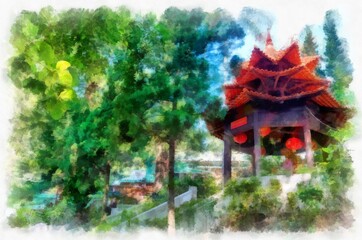 Obraz premium Landscape and scenery of the Ancient Architecture Council in Chiang Mai and tourist attractions of Thailand watercolor style illustration impressionist painting.