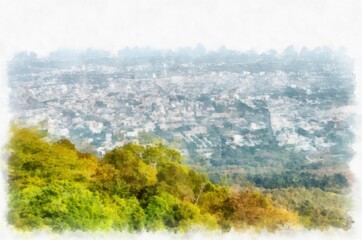 Landscape and scenery of the Ancient Architecture Council in Chiang Mai and tourist attractions of Thailand watercolor style illustration impressionist painting.