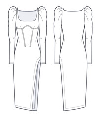 Women's Midi Dress fashion flat technical drawing template.  Evening midi Dress with corset fashion flat illustration, puff sleeves, side split, square neck, front and back view, white, CAD mockup.