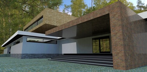 Conceptual porch design. Concrete steps. Entrance to advanced house. Finishing red old brick. 3d render.