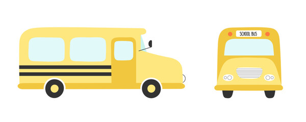 School bus front and side. Vector illustration in a flat hand-drawn style isolated on a white background © ollyta may