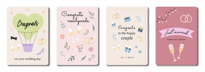 A set of vertical wedding greeting cards in cute hand drawn style. Vector design template in a modern minimalistic style