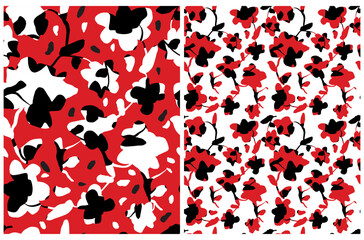 Floral Seamlles Vector Pattern with Abstract Hand Drawn Red and Black Flowers isolated on a White and Red Background. Abstract Garden Repeatable Print. Calico Style Pattern ideal for Fabric.