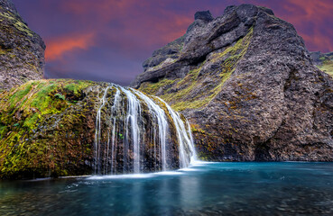 Amazing Icelandic Landscape. Scenic image of fairy-tale canyon of river before Stjornarfoss...
